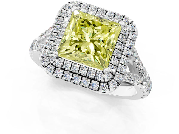 White gold Fancy Yellow Princess Cut Diamond Double Halo Ring with Split Shank and Prong Setting