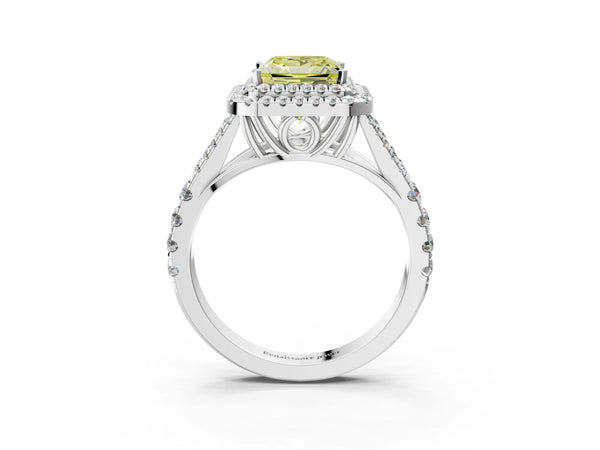 White gold Fancy Yellow Princess Cut Diamond Double Halo Ring with Split Shank and Prong Setting