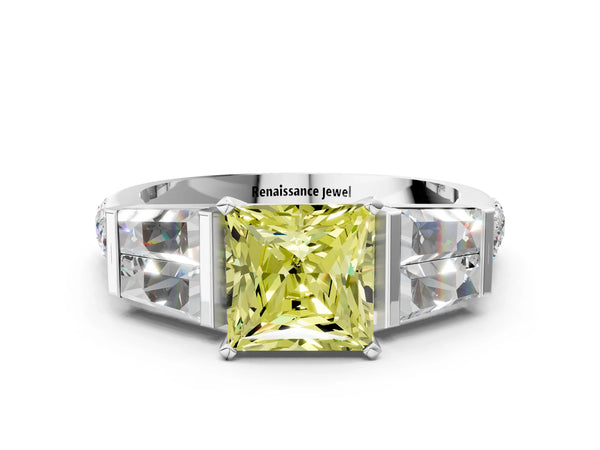 Platinum Fancy Yellow Princess Cut Diamond Engagement Ring with Baguette Side Stones and Channel Set Band