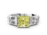 White gold Fancy Yellow Princess Cut Diamond Engagement Ring with Baguette Side Stones and Channel Set Band_29