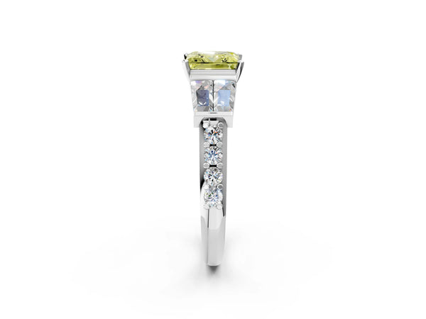 Platinum Fancy Yellow Princess Cut Diamond Engagement Ring with Baguette Side Stones and Channel Set Band