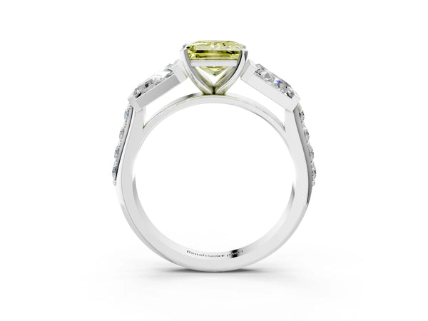 Platinum Fancy Yellow Princess Cut Diamond Engagement Ring with Baguette Side Stones and Channel Set Band