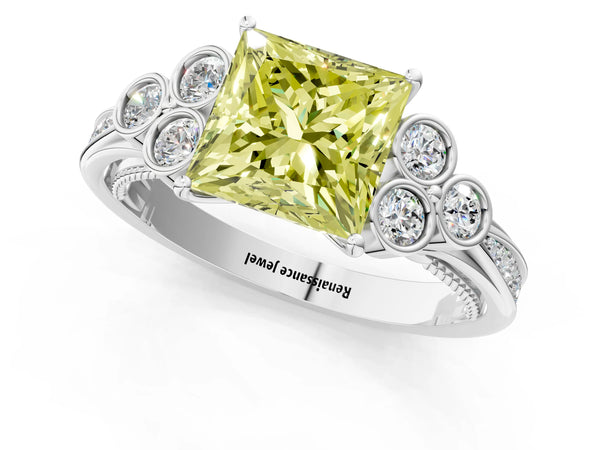 Platinum Fancy Yellow Princess  Cut Diamond Engagement Ring with Bezel Set Round Side Stones and Prong Setting