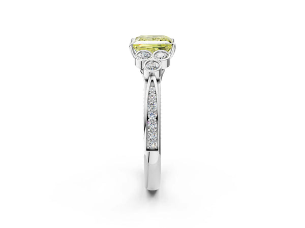 Platinum Fancy Yellow Princess  Cut Diamond Engagement Ring with Bezel Set Round Side Stones and Prong Setting