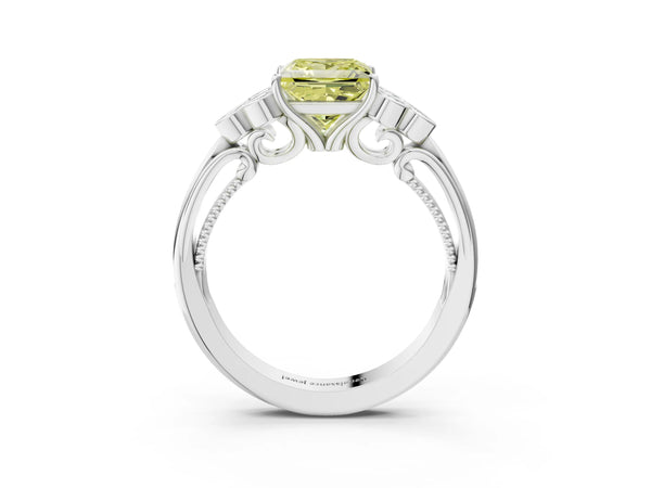 Platinum Fancy Yellow Princess  Cut Diamond Engagement Ring with Bezel Set Round Side Stones and Prong Setting