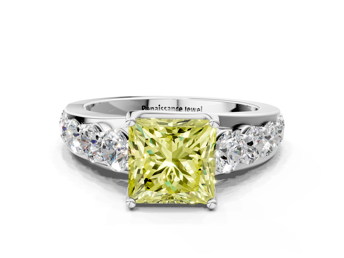 White gold Fancy Yellow Princess  Cut Diamond Engagement Ring with Pavé Band and Four-Prong Setting_3