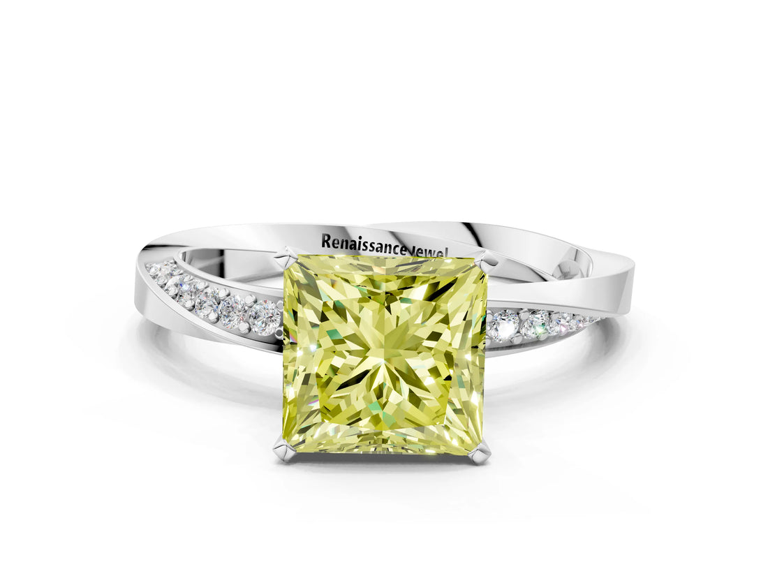 White gold Fancy Yellow Princess Cut Diamond Engagement Ring with Side Stone Accents and Four-Prong Setting_24
