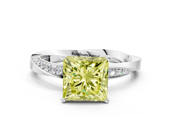 Platinum Fancy Yellow Princess Cut Diamond Engagement Ring with Side Stone Accents and Four-Prong Setting