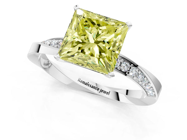 Platinum Fancy Yellow Princess Cut Diamond Engagement Ring with Side Stone Accents and Four-Prong Setting