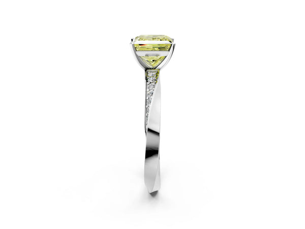 Platinum Fancy Yellow Princess Cut Diamond Engagement Ring with Side Stone Accents and Four-Prong Setting