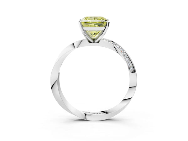 Platinum Fancy Yellow Princess Cut Diamond Engagement Ring with Side Stone Accents and Four-Prong Setting