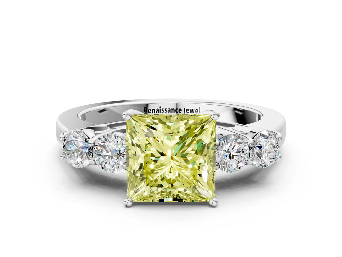 White gold Fancy Yellow Princess  Cut Diamond Five-Stone Prong Set White Gold Ring_29