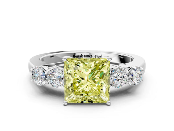 White gold Fancy Yellow Princess  Cut Diamond Five-Stone Prong Set White Gold Ring