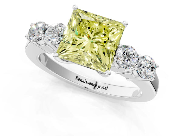 White gold Fancy Yellow Princess  Cut Diamond Five-Stone Prong Set White Gold Ring