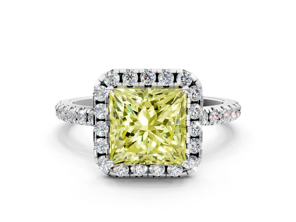 White gold Fancy Yellow Princess  Cut Diamond Floral Halo Engagement Ring with Pavé Band and Prong Setting