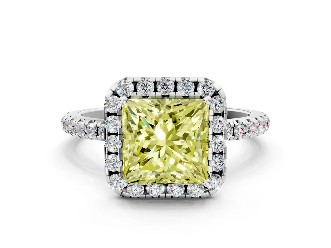 White gold Fancy Yellow Princess  Cut Diamond Floral Halo Engagement Ring with Pavé Band and Prong Setting_41