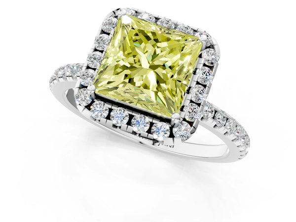 White gold Fancy Yellow Princess  Cut Diamond Floral Halo Engagement Ring with Pavé Band and Prong Setting