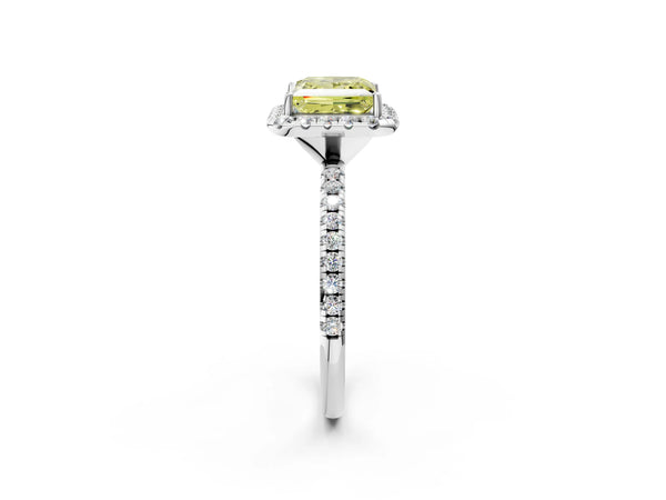 White gold Fancy Yellow Princess  Cut Diamond Floral Halo Engagement Ring with Pavé Band and Prong Setting