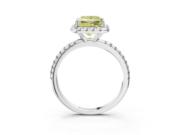 White gold Fancy Yellow Princess  Cut Diamond Floral Halo Engagement Ring with Pavé Band and Prong Setting