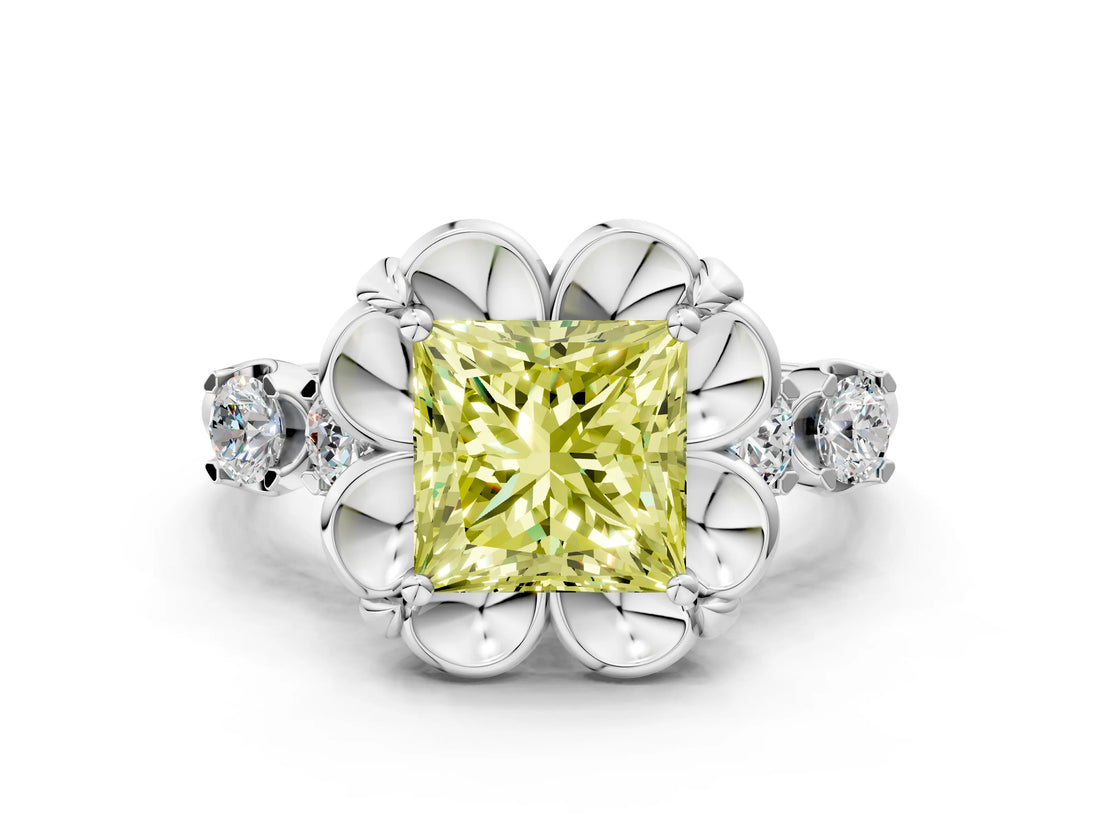 White gold Fancy Yellow Princess  Cut Diamond Floral Halo Engagement Ring with Shared Prong Setting 2