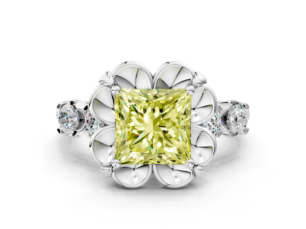 White gold Fancy Yellow Princess  Cut Diamond Floral Halo Engagement Ring with Shared Prong Setting