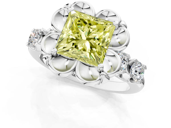 White gold Fancy Yellow Princess  Cut Diamond Floral Halo Engagement Ring with Shared Prong Setting