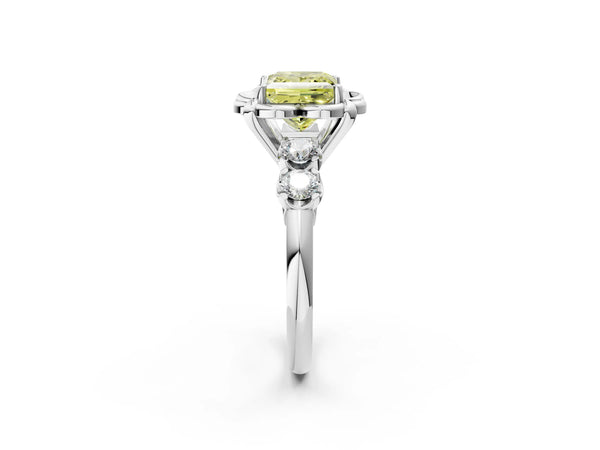 White gold Fancy Yellow Princess  Cut Diamond Floral Halo Engagement Ring with Shared Prong Setting