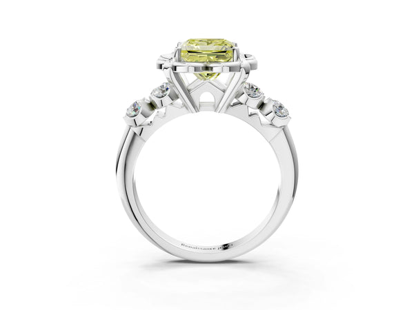 White gold Fancy Yellow Princess  Cut Diamond Floral Halo Engagement Ring with Shared Prong Setting