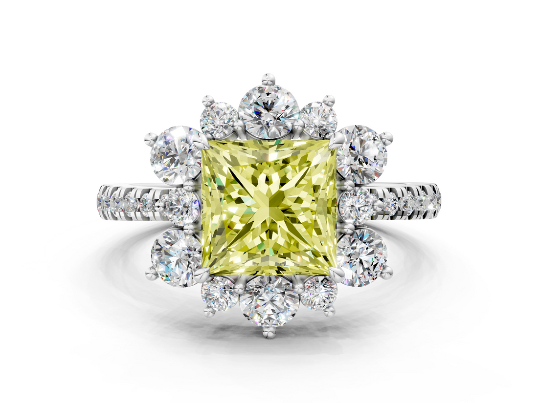 White gold Fancy Yellow Princess  Cut Diamond Floral Halo Pave Band with Prong Setting