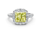 White gold Fancy Yellow Princess Cut Diamond Floral Halo Ring with Pavé Band and Prong Setting_7