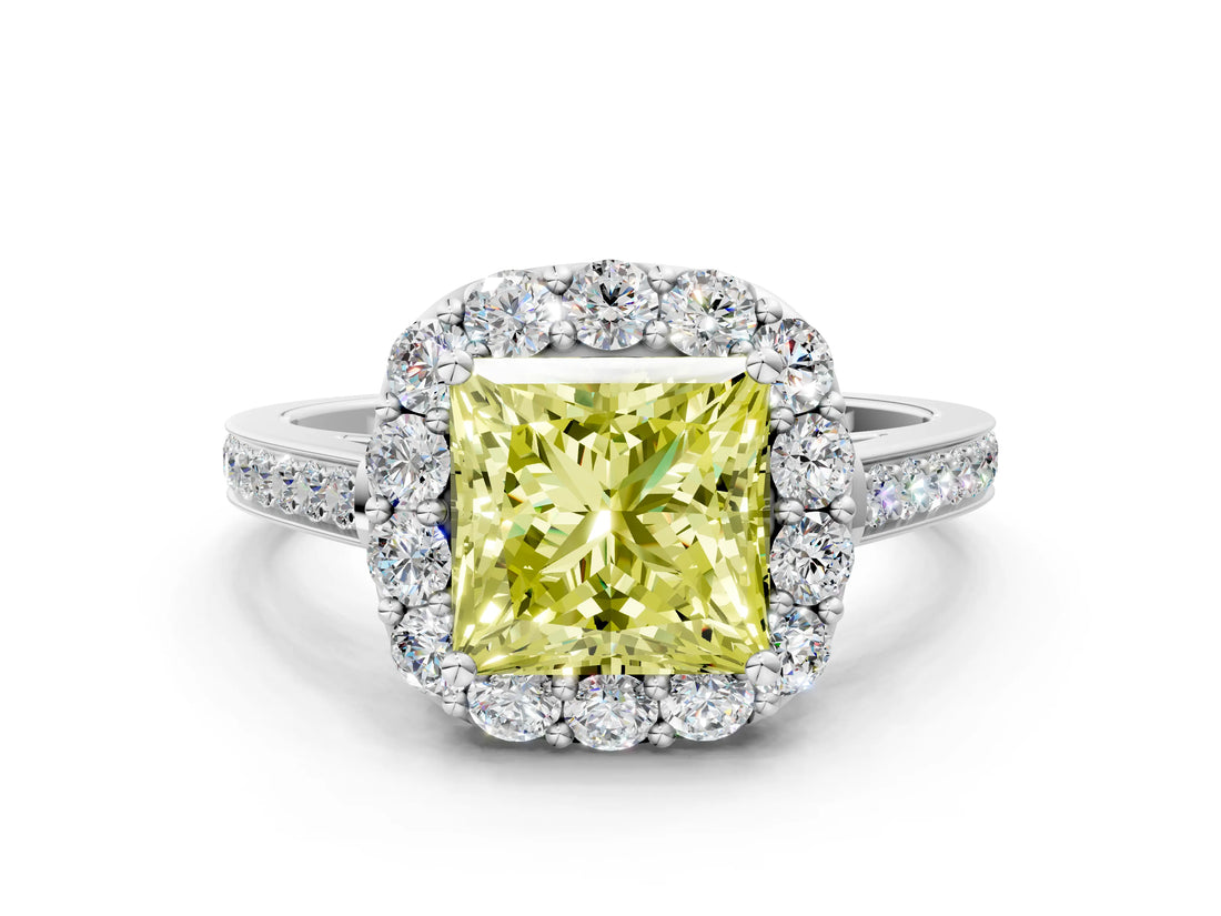 White gold Fancy Yellow Princess Cut Diamond Floral Halo Ring with Pavé Band and Prong Setting_7