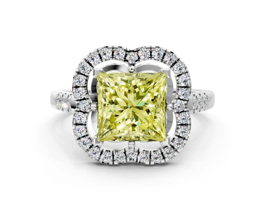 White gold Fancy Yellow Princess Cut Diamond Floral Halo Split Shank Prong Setting Ring