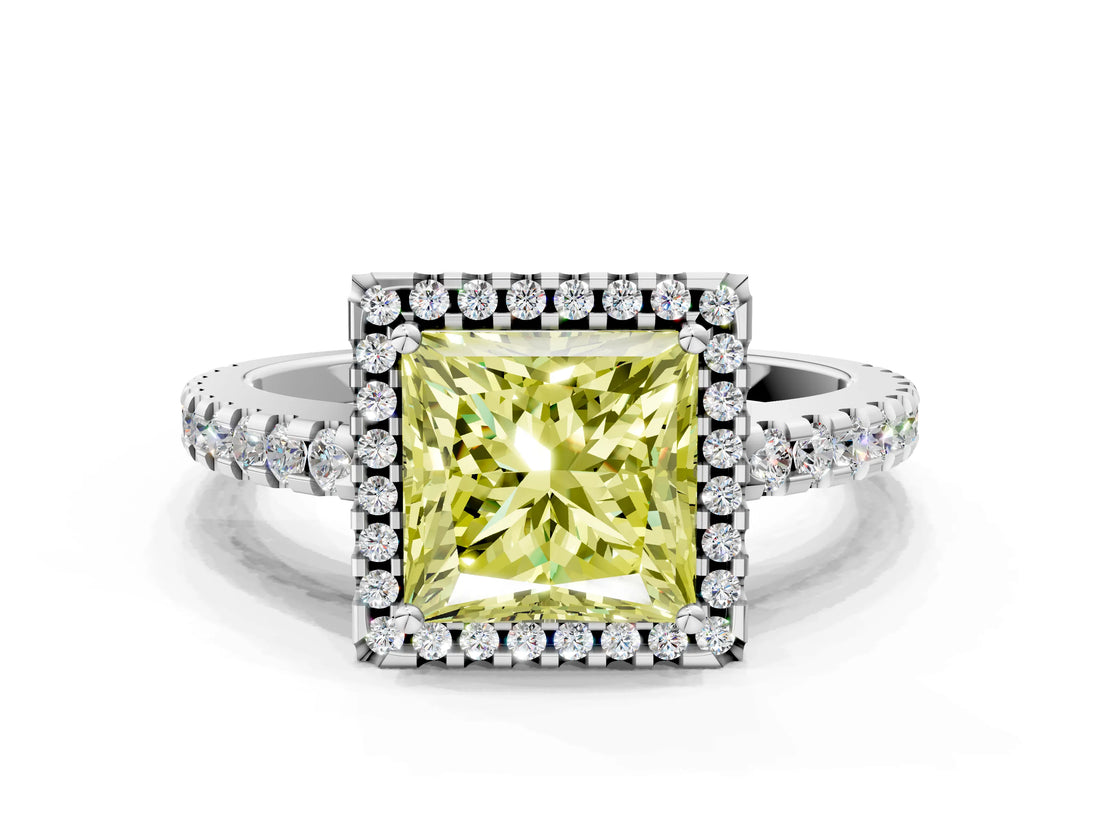 White gold Fancy Yellow Princess Cut Diamond Halo Engagement Ring with Pavé Band and Prong Setting_51