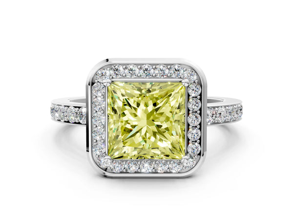 Platinum Fancy Yellow Princess Cut Diamond Halo Ring with Bezel Frame and Pavé Band
