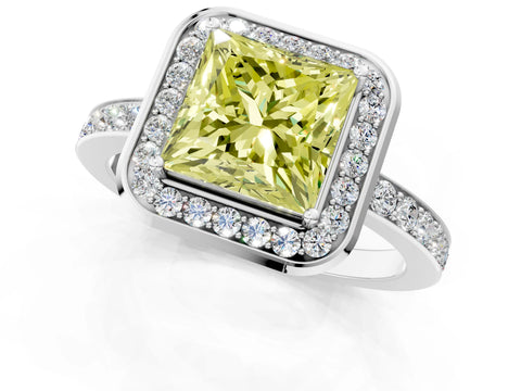 White gold Fancy Yellow Princess Cut Diamond Halo Ring with Bezel Frame and Pavé Band_1