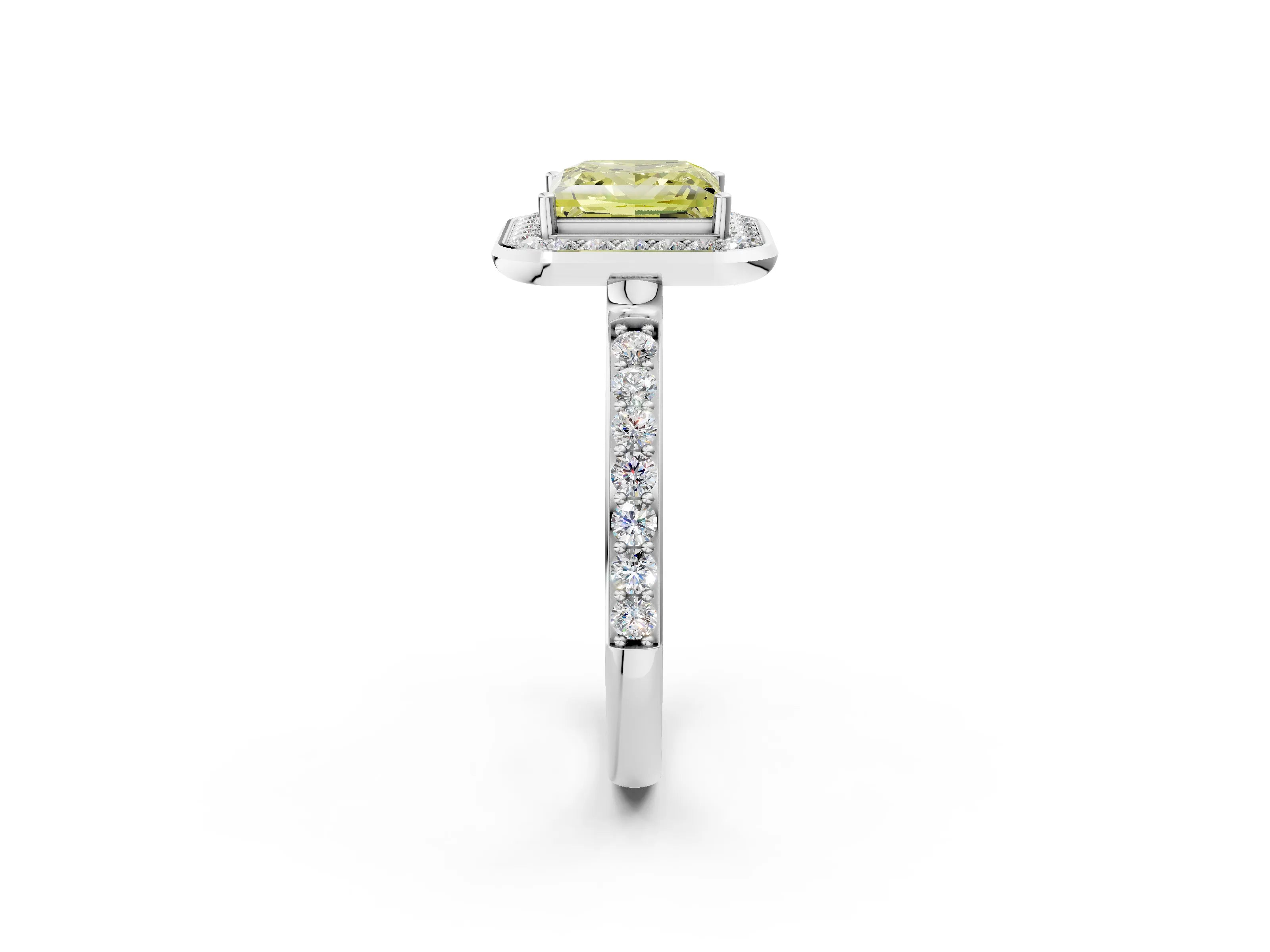 White gold Fancy Yellow Princess Cut Diamond Halo Ring with Bezel Frame and Pavé Band_2