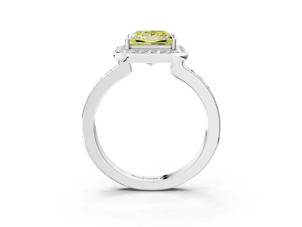 Platinum Fancy Yellow Princess Cut Diamond Halo Ring with Bezel Frame and Pavé Band