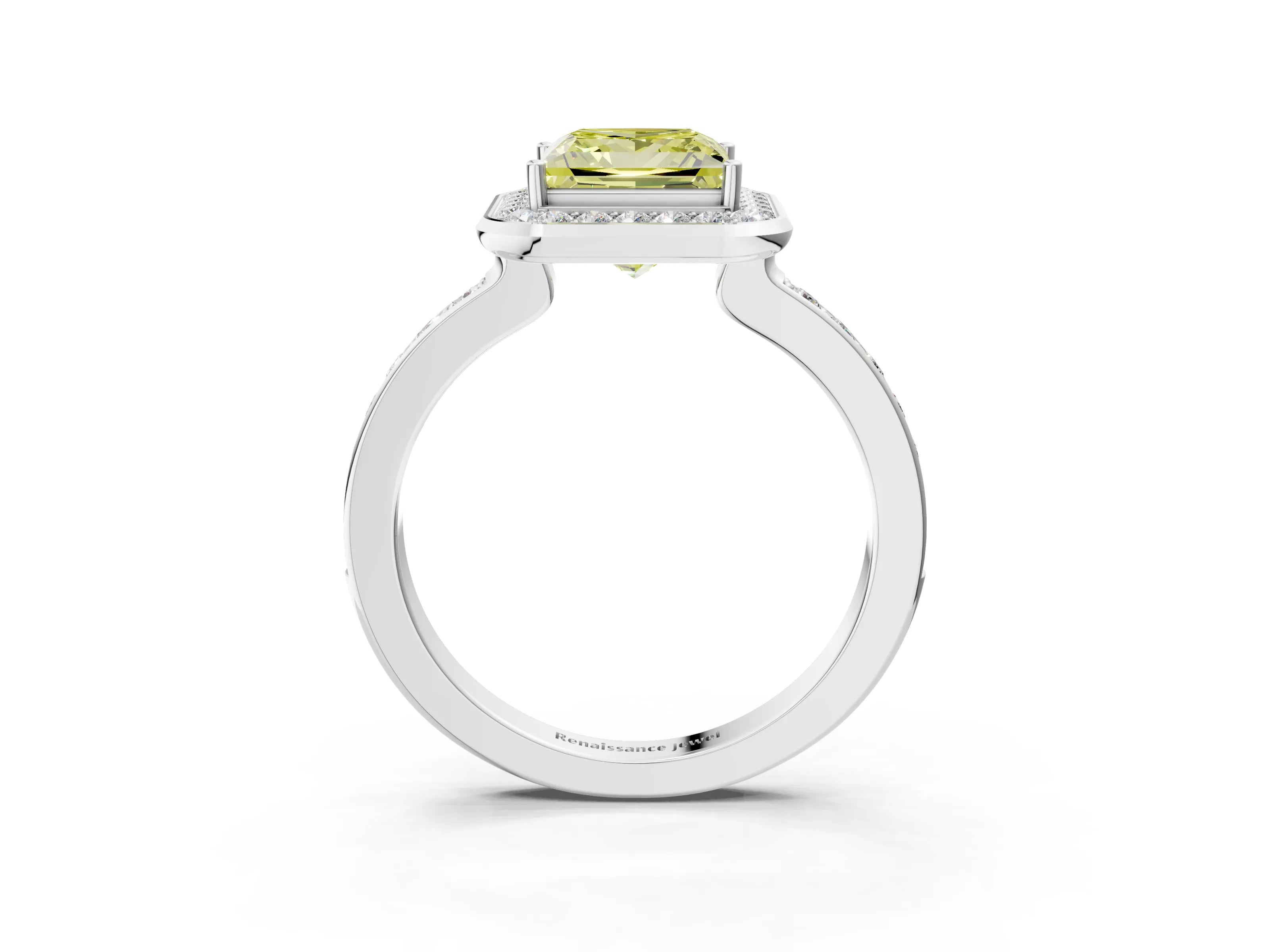 White gold Fancy Yellow Princess Cut Diamond Halo Ring with Bezel Frame and Pavé Band_3