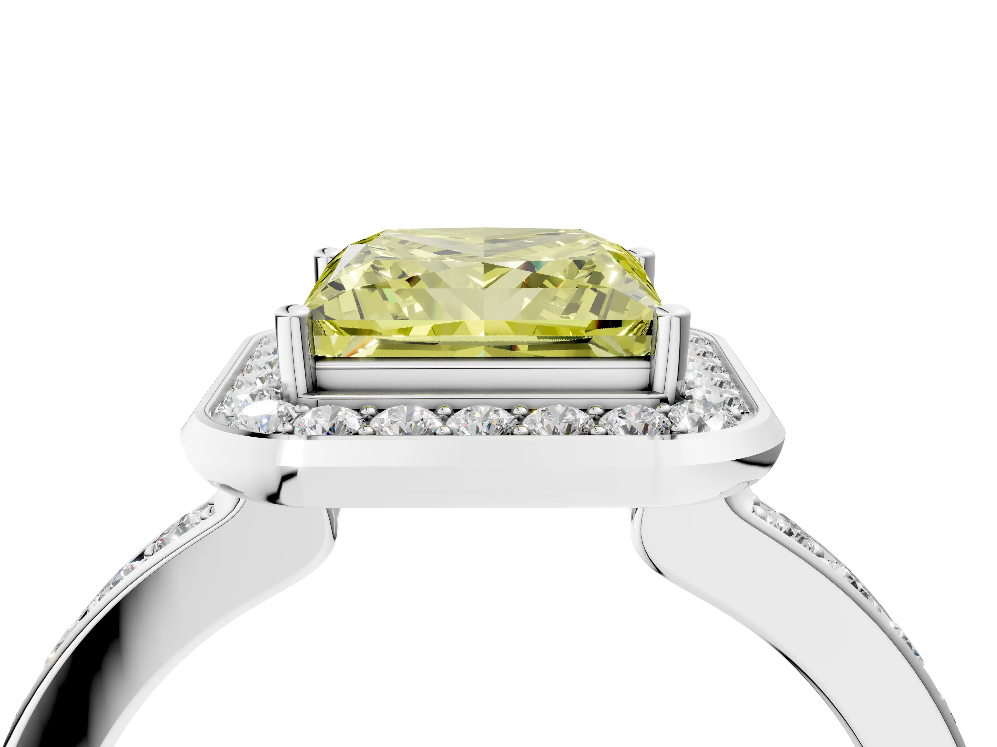 White gold Fancy Yellow Princess Cut Diamond Halo Ring with Bezel Frame and Pavé Band_4