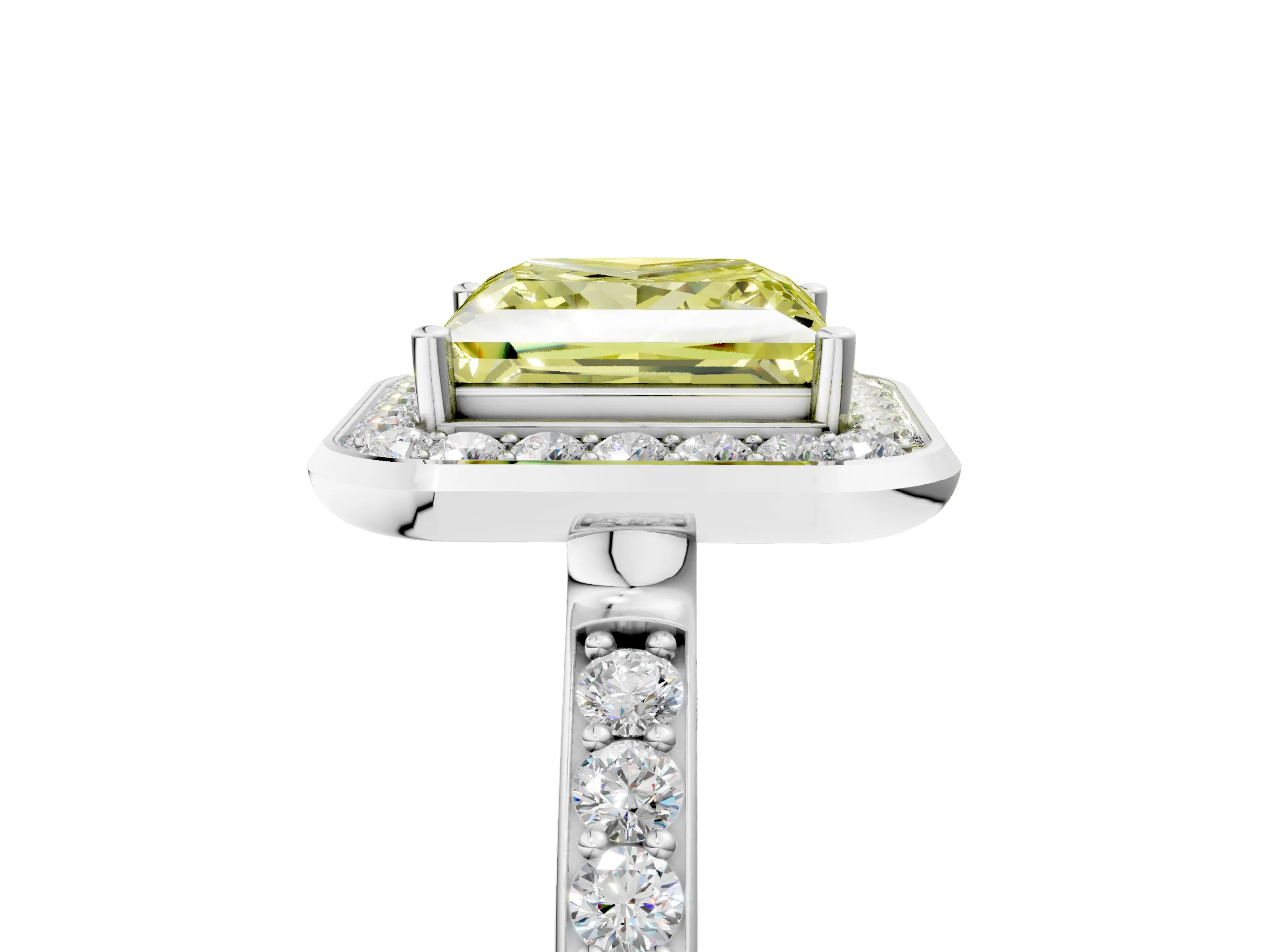 White gold Fancy Yellow Princess Cut Diamond Halo Ring with Bezel Frame and Pavé Band_5