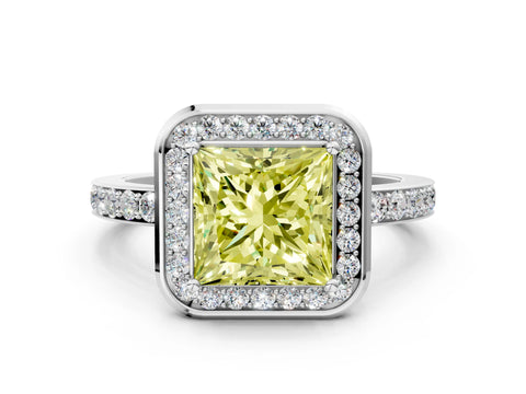 White gold Fancy Yellow Princess Cut Diamond Halo Ring with Bezel Frame and Pavé Band