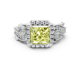 White gold Fancy Yellow Princess Cut Diamond Halo Ring with Milgrain Pavé Band and Four-Prong Setting_28