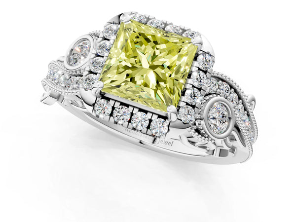 Platinum Fancy Yellow Princess Cut Diamond Halo Ring with Milgrain Pavé Band and Four-Prong Setting