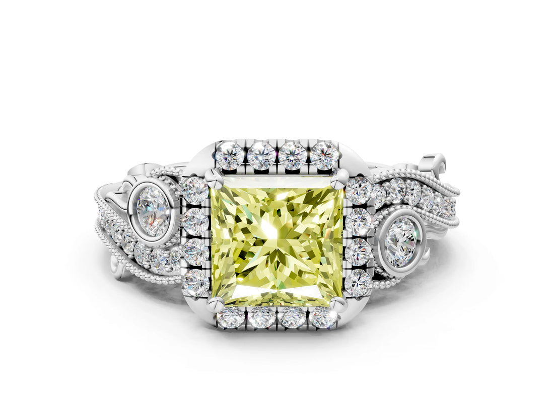 White gold Fancy Yellow Princess Cut Diamond Halo Ring with Milgrain Pavé Band and Four-Prong Setting_29