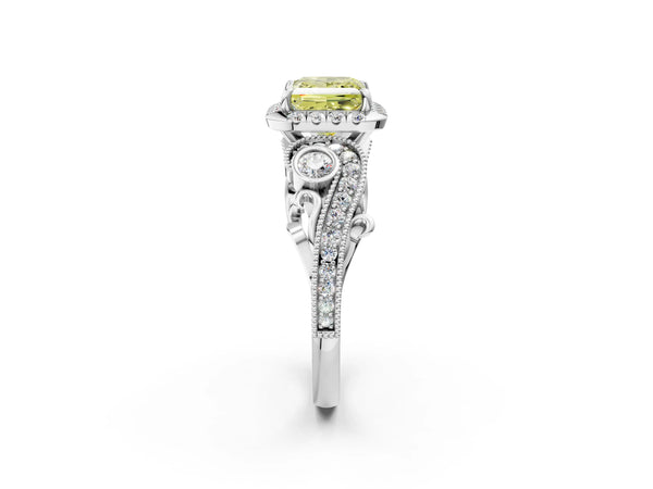 Platinum Fancy Yellow Princess Cut Diamond Halo Ring with Milgrain Pavé Band and Four-Prong Setting