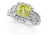 White gold Fancy Yellow Princess Cut Diamond Halo Ring with Milgrain Pavé Band and Four-Prong Setting_30