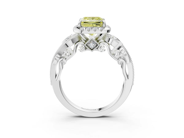 Platinum Fancy Yellow Princess Cut Diamond Halo Ring with Milgrain Pavé Band and Four-Prong Setting
