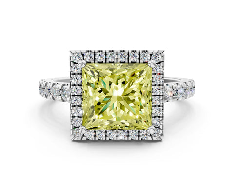 White gold Fancy Yellow Princess Cut Diamond Halo Ring with Pavé Band and Four-Prong Setting_12