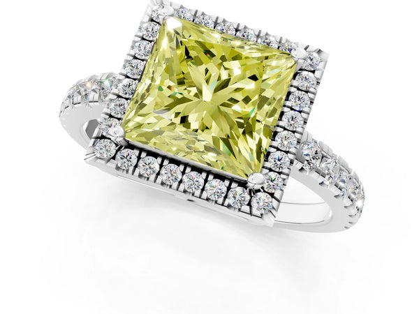 White gold Fancy Yellow Princess Cut Diamond Halo Ring with Pavé Band and Four-Prong Setting
