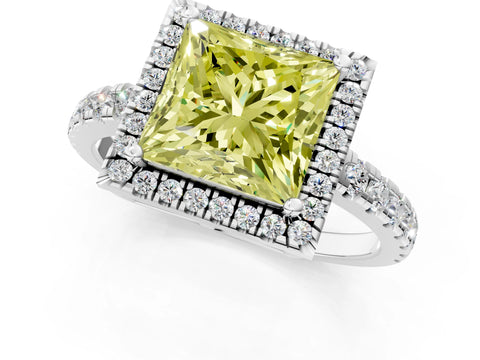 White gold Fancy Yellow Princess Cut Diamond Halo Ring with Pavé Band and Four-Prong Setting_13